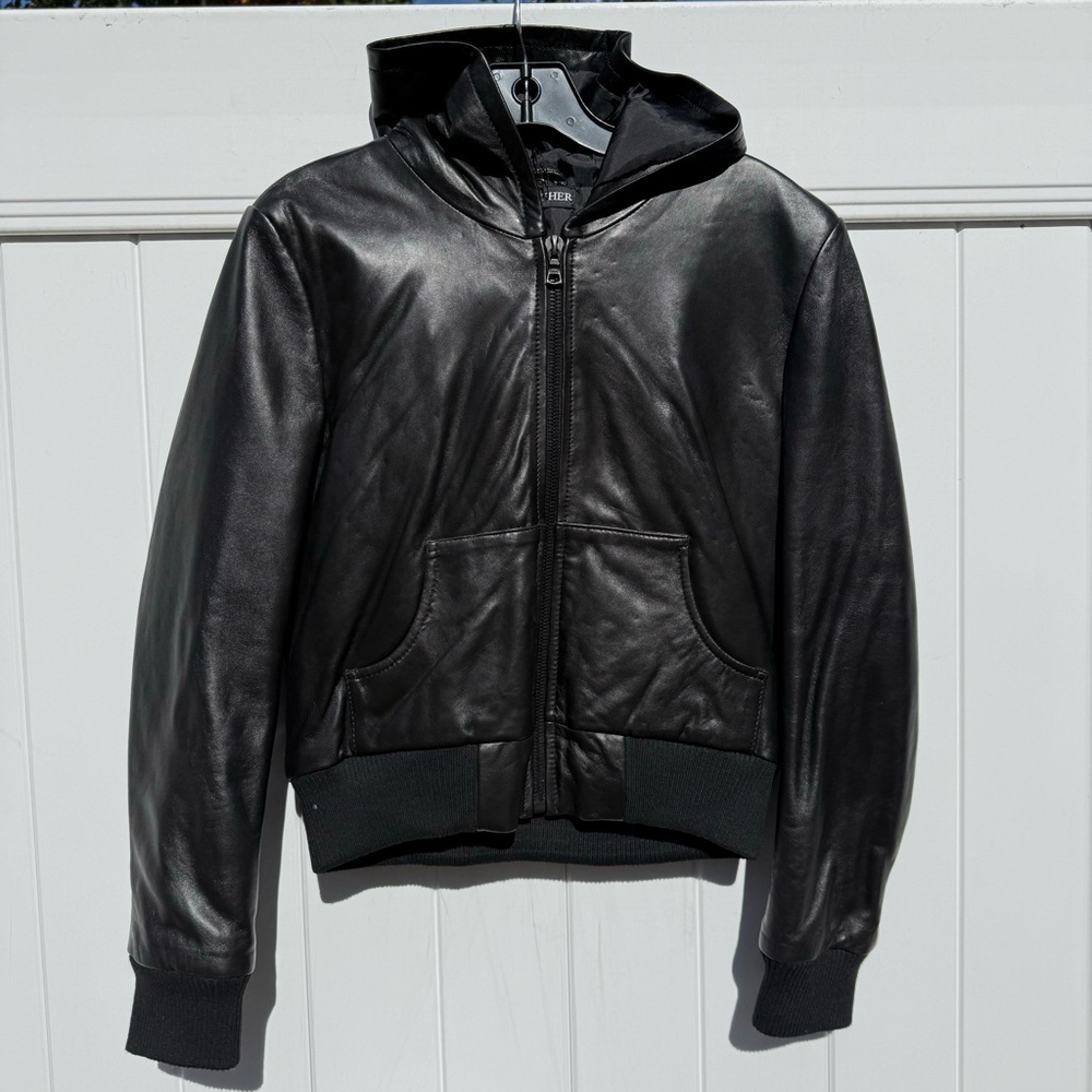 Black all real leather zip-up bomber style jacket lined with hood